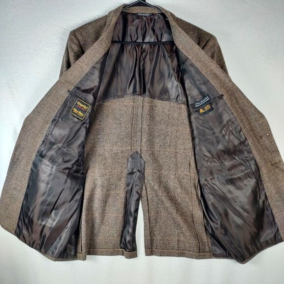 Vintage Kingsridge 44R Pure Wool Brown Plaid Herringbone Blazer Sport Coat - Picture 3 of 12